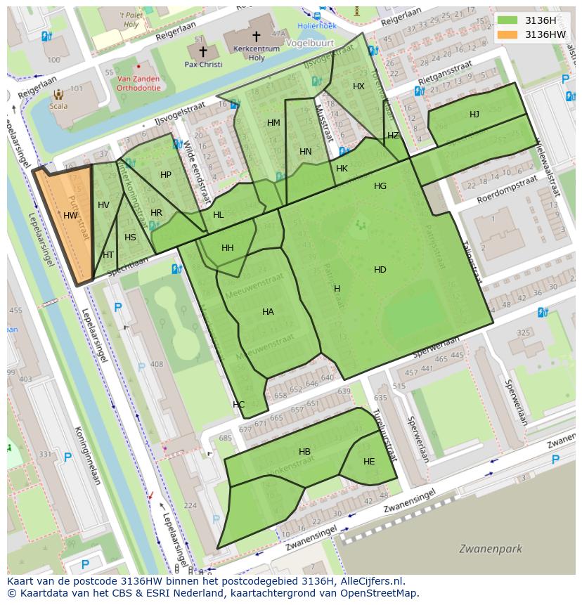 Afbeelding van het postcodegebied 3136 HW op de kaart.