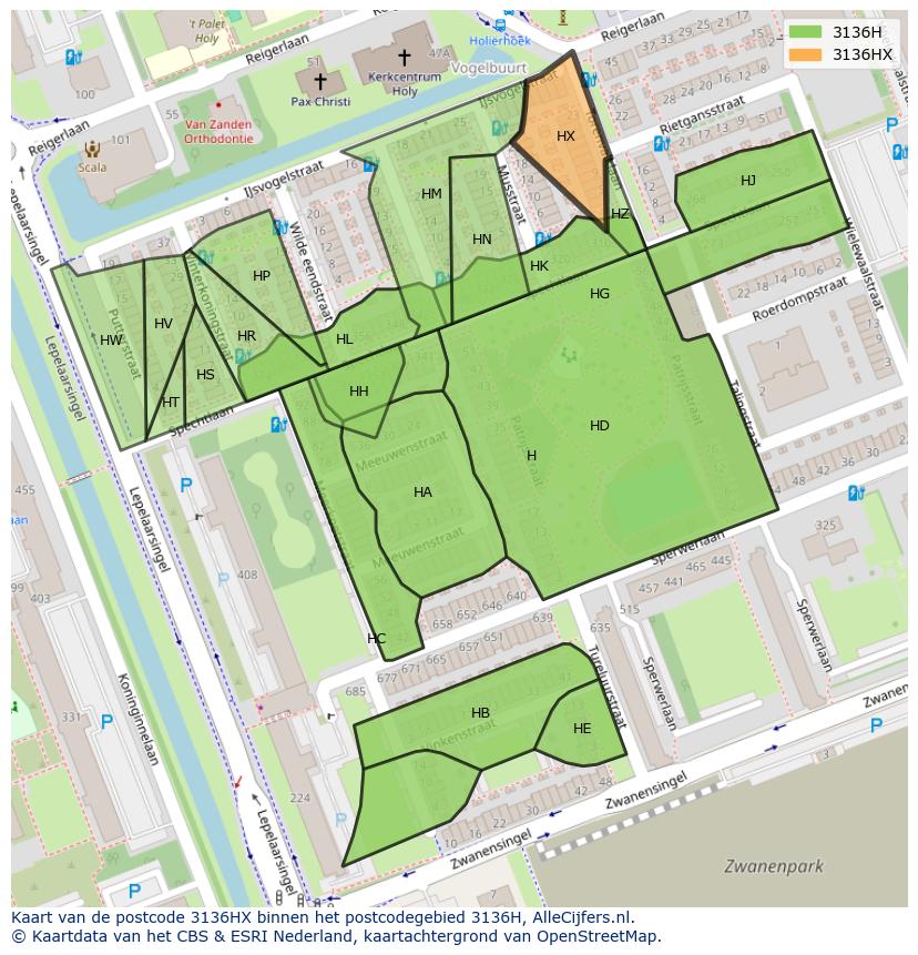 Afbeelding van het postcodegebied 3136 HX op de kaart.