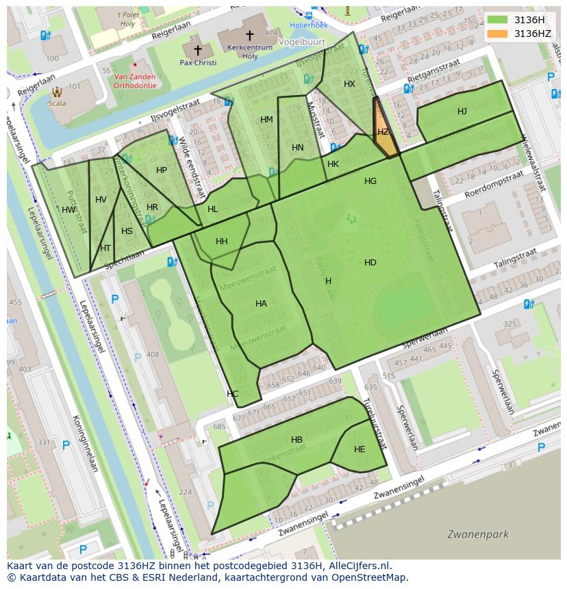 Afbeelding van het postcodegebied 3136 HZ op de kaart.
