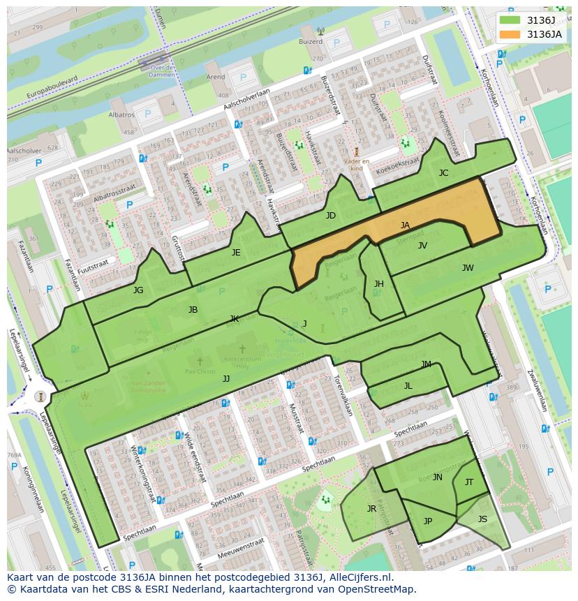 Afbeelding van het postcodegebied 3136 JA op de kaart.