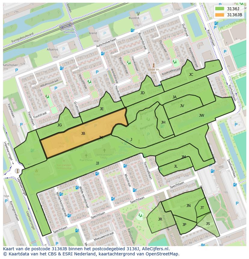 Afbeelding van het postcodegebied 3136 JB op de kaart.