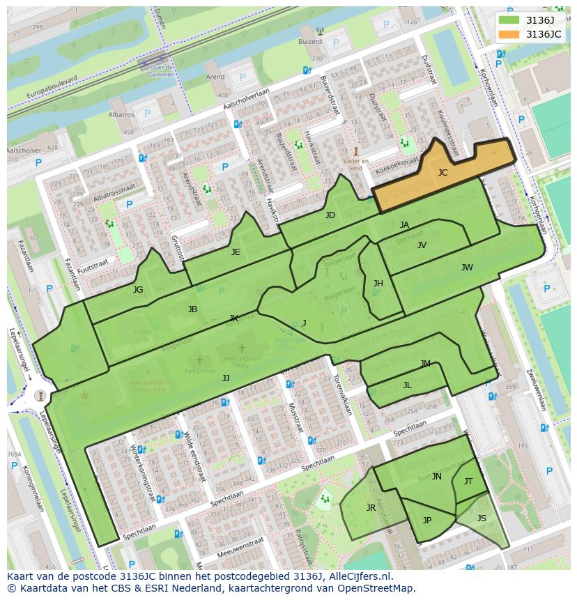 Afbeelding van het postcodegebied 3136 JC op de kaart.