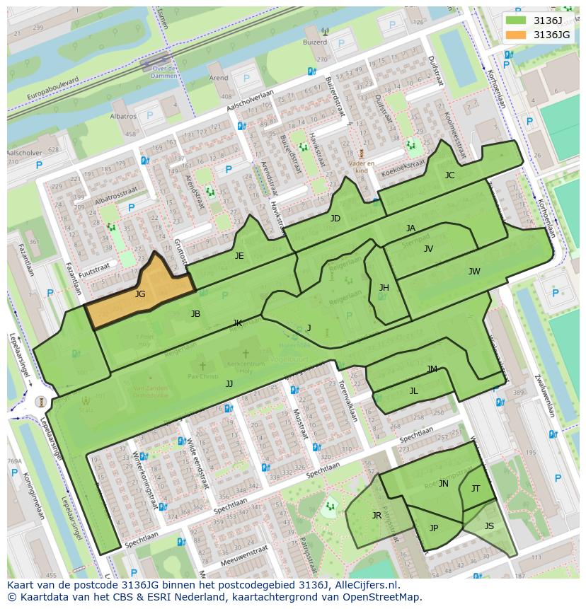 Afbeelding van het postcodegebied 3136 JG op de kaart.