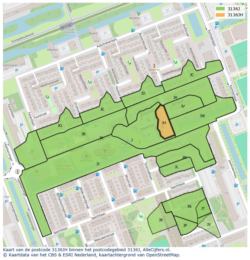 Afbeelding van het postcodegebied 3136 JH op de kaart.