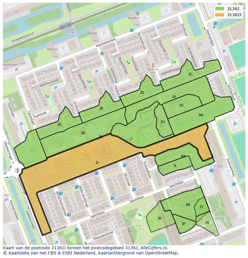 Afbeelding van het postcodegebied 3136 JJ op de kaart.