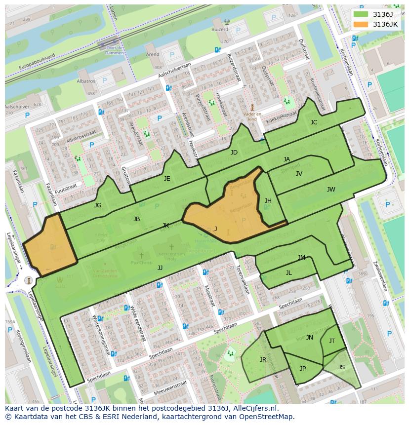 Afbeelding van het postcodegebied 3136 JK op de kaart.