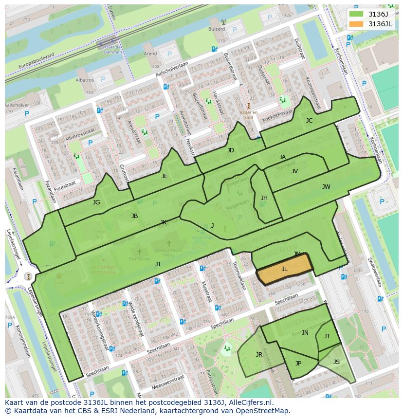 Afbeelding van het postcodegebied 3136 JL op de kaart.