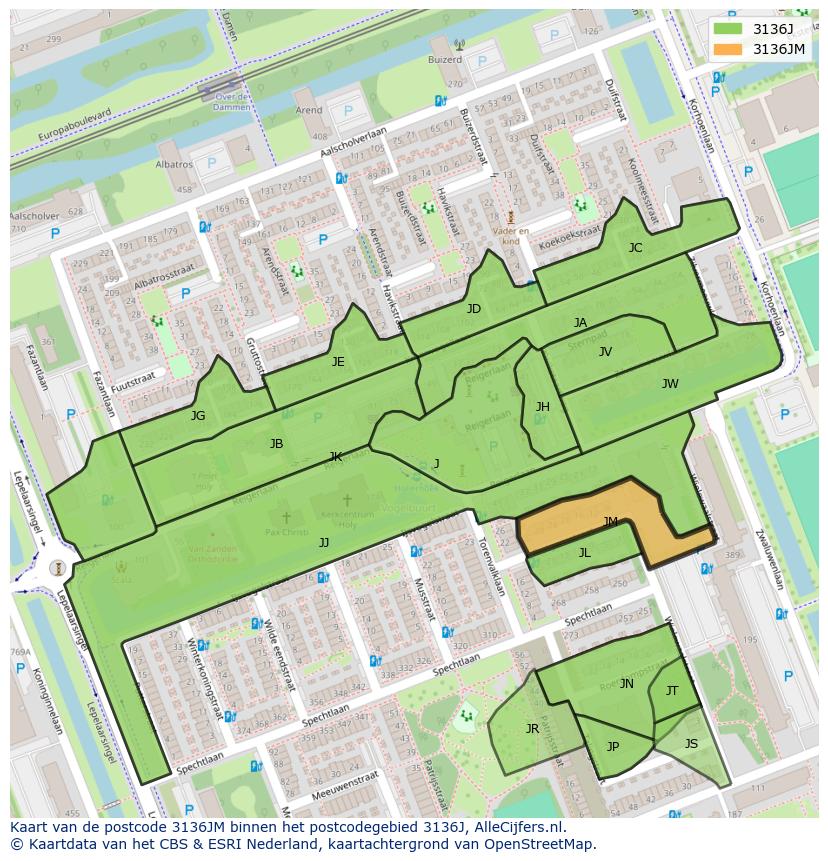 Afbeelding van het postcodegebied 3136 JM op de kaart.