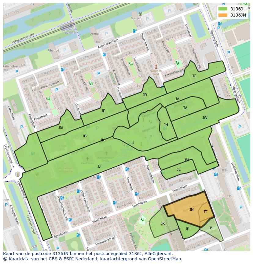 Afbeelding van het postcodegebied 3136 JN op de kaart.
