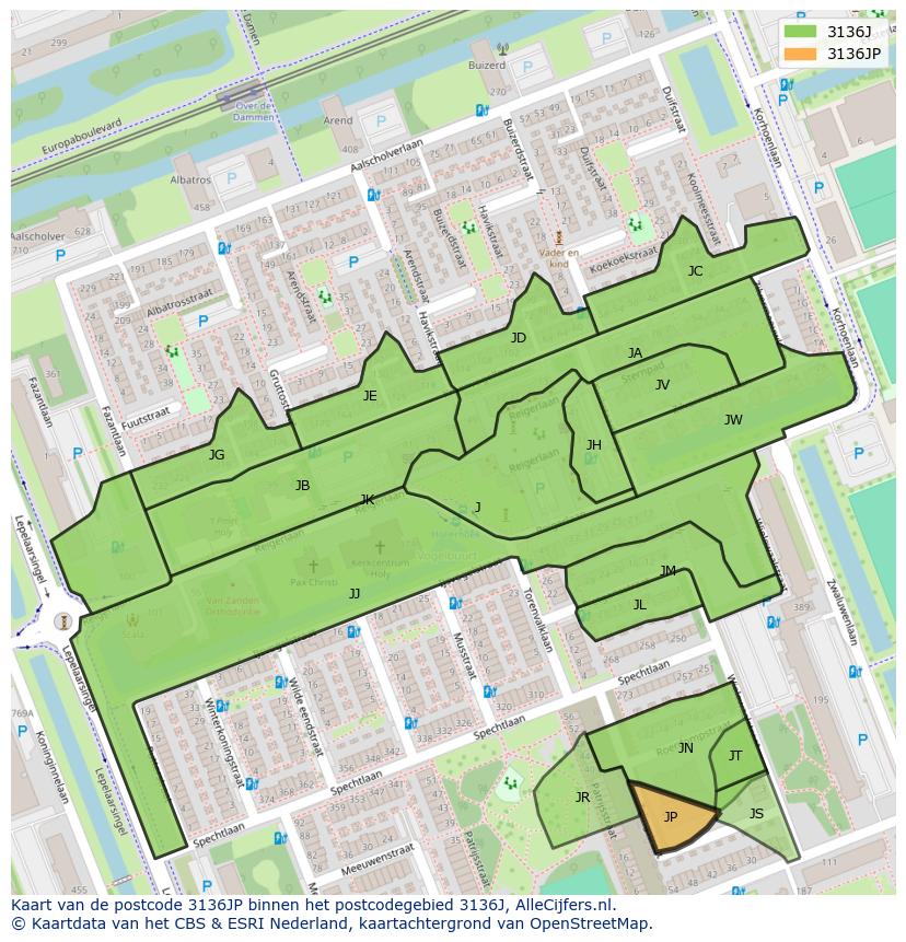 Afbeelding van het postcodegebied 3136 JP op de kaart.