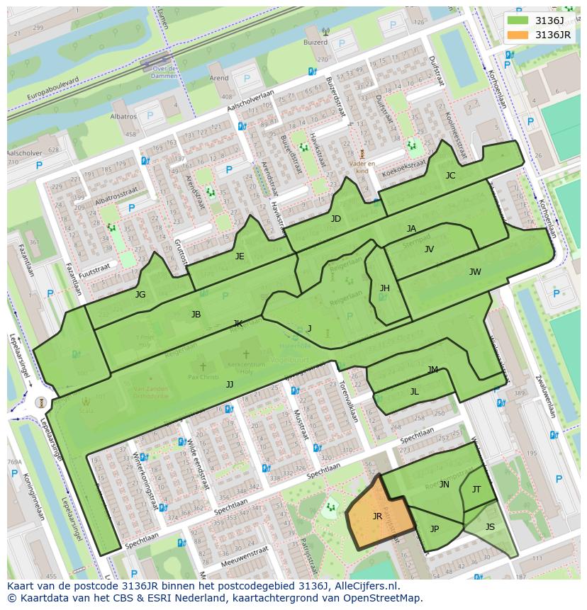 Afbeelding van het postcodegebied 3136 JR op de kaart.