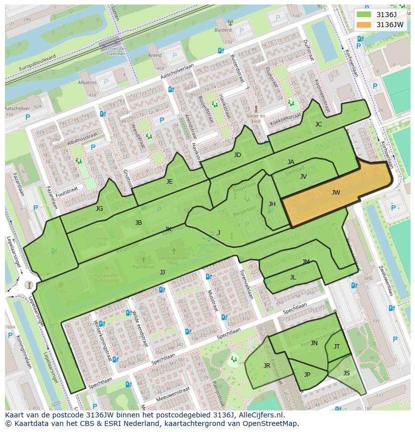 Afbeelding van het postcodegebied 3136 JW op de kaart.