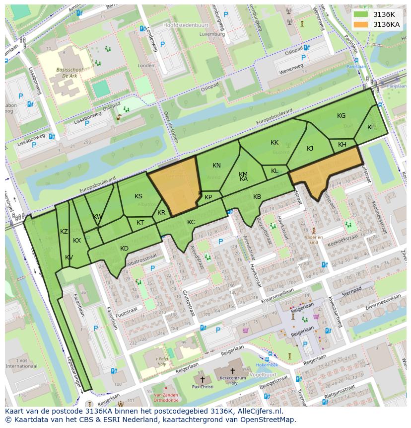 Afbeelding van het postcodegebied 3136 KA op de kaart.