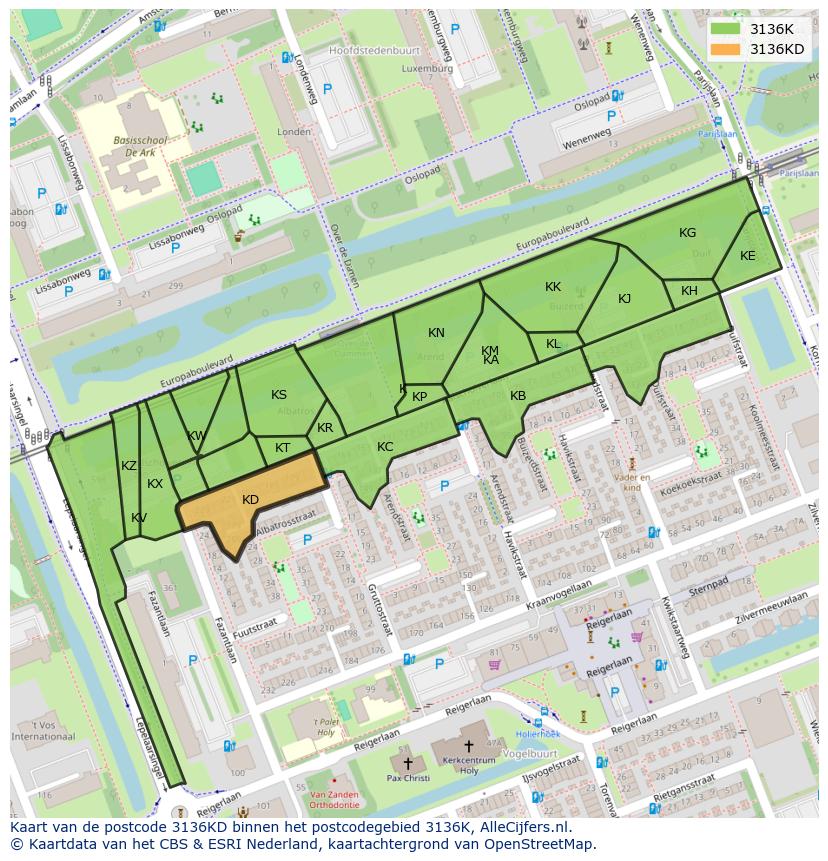 Afbeelding van het postcodegebied 3136 KD op de kaart.
