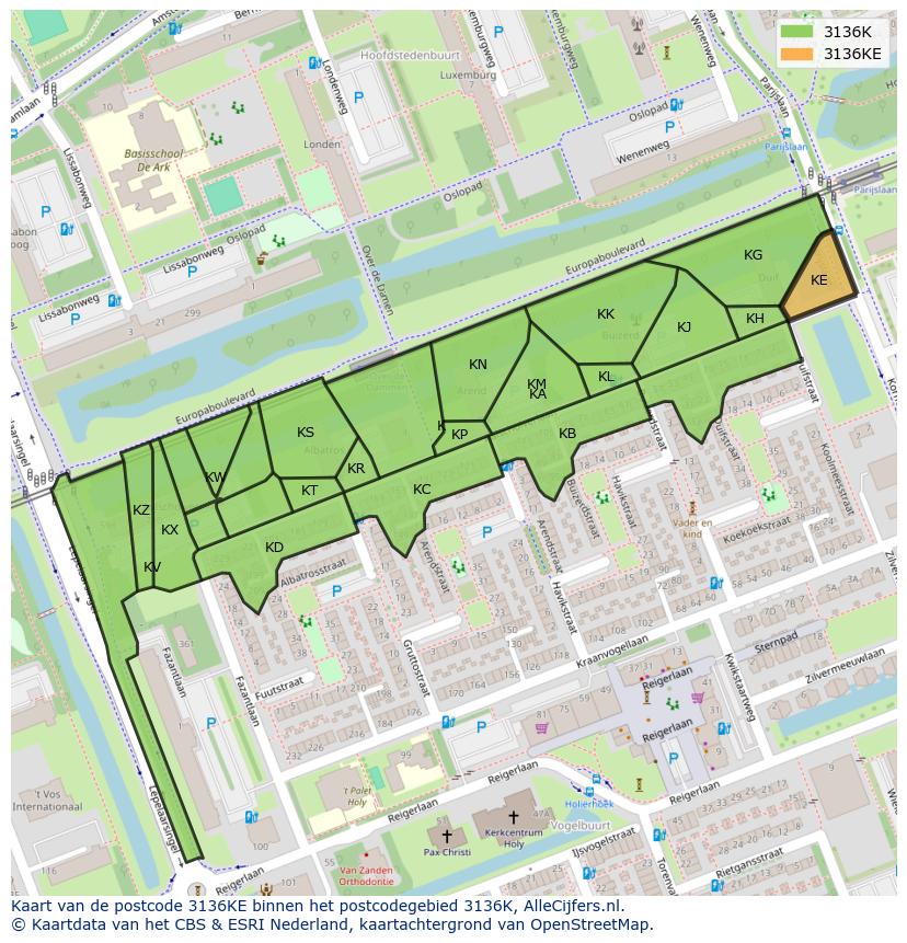 Afbeelding van het postcodegebied 3136 KE op de kaart.