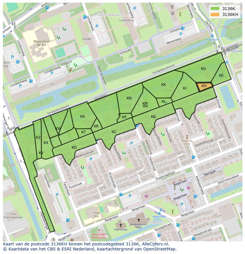 Afbeelding van het postcodegebied 3136 KH op de kaart.