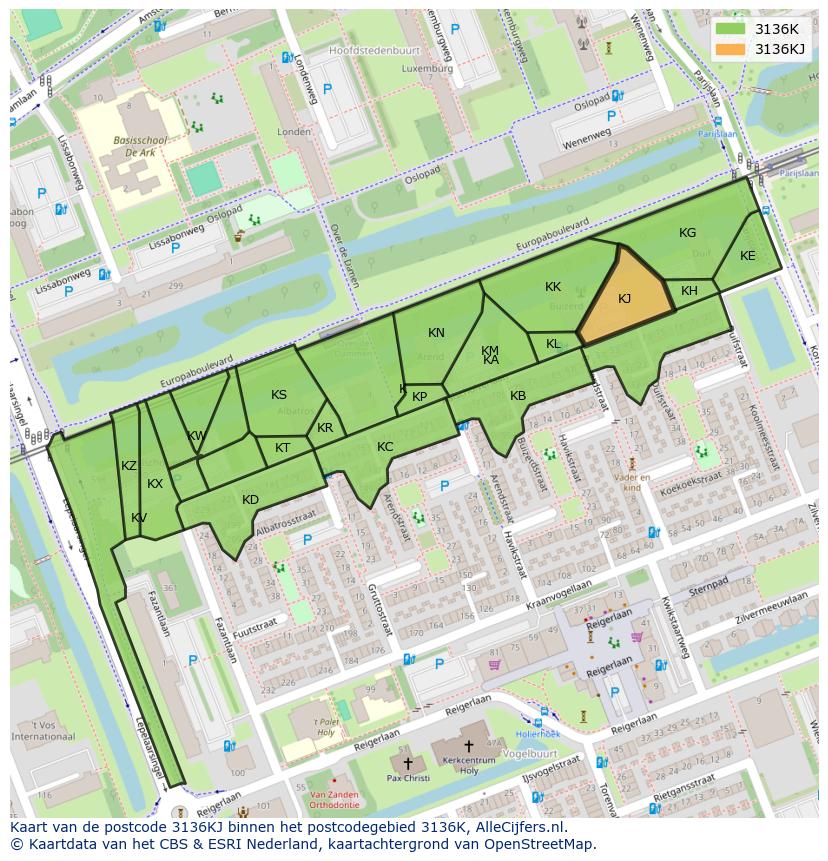 Afbeelding van het postcodegebied 3136 KJ op de kaart.