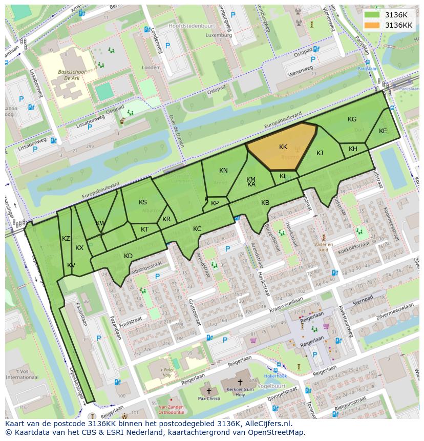Afbeelding van het postcodegebied 3136 KK op de kaart.