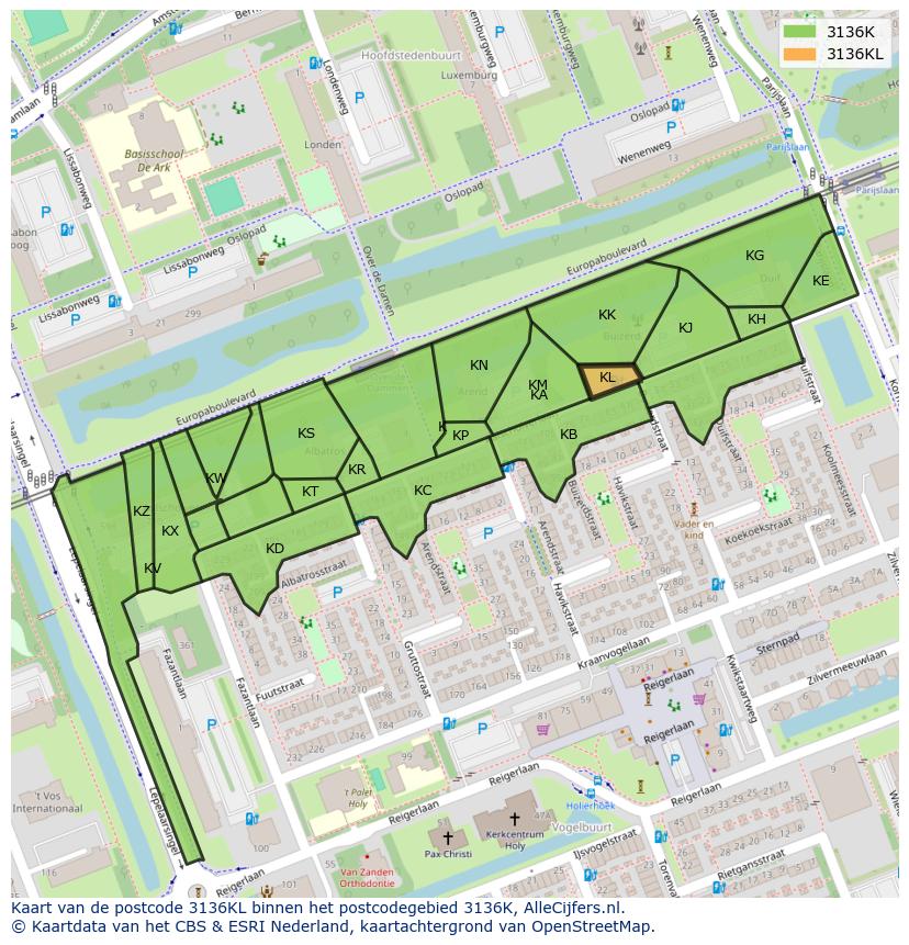 Afbeelding van het postcodegebied 3136 KL op de kaart.