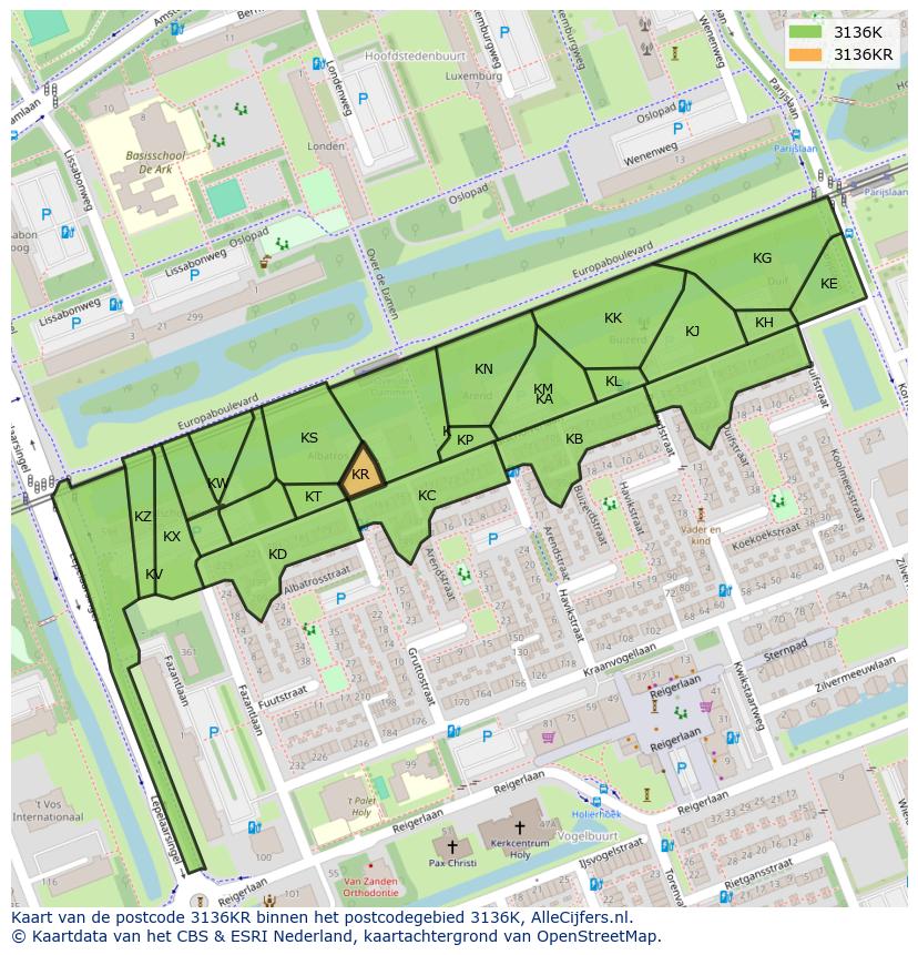 Afbeelding van het postcodegebied 3136 KR op de kaart.