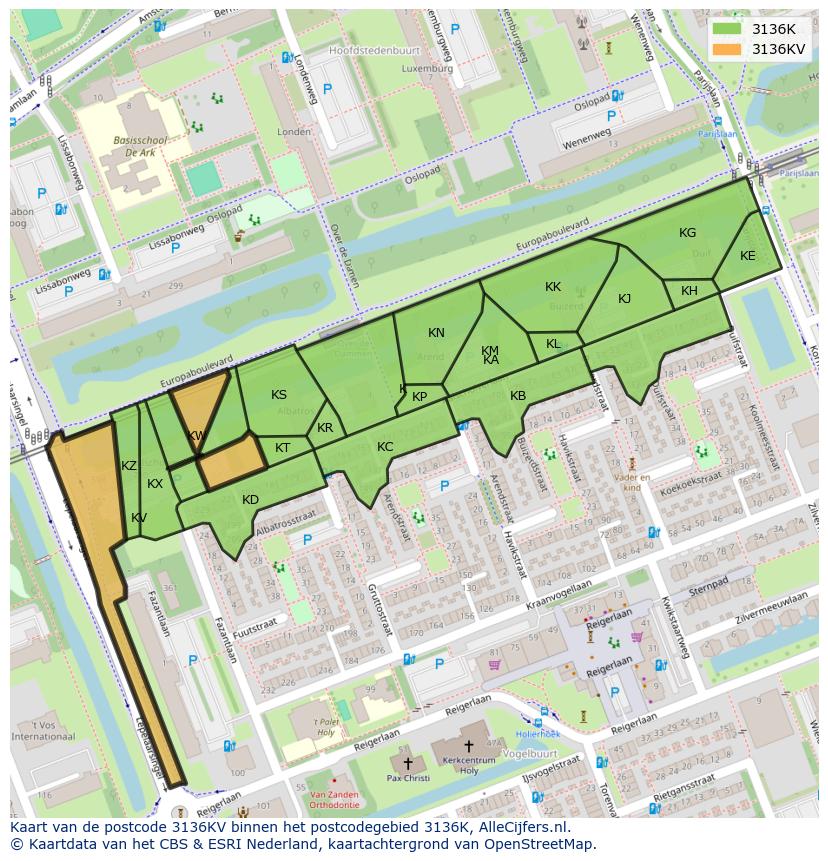Afbeelding van het postcodegebied 3136 KV op de kaart.
