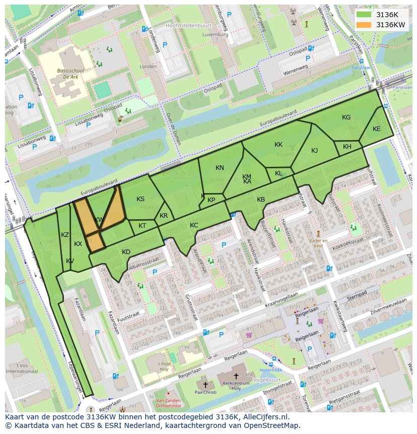 Afbeelding van het postcodegebied 3136 KW op de kaart.
