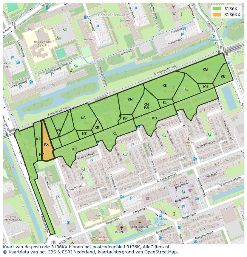 Afbeelding van het postcodegebied 3136 KX op de kaart.
