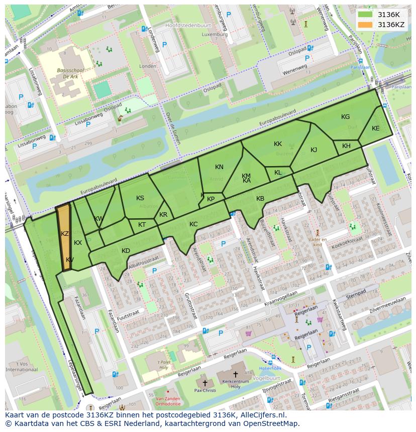 Afbeelding van het postcodegebied 3136 KZ op de kaart.