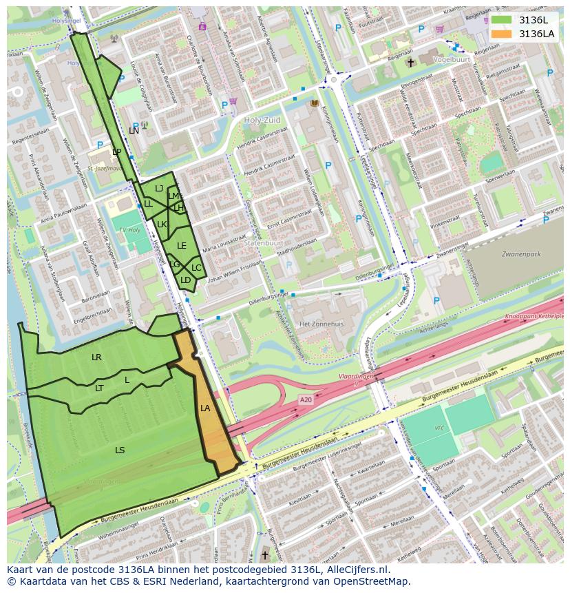 Afbeelding van het postcodegebied 3136 LA op de kaart.