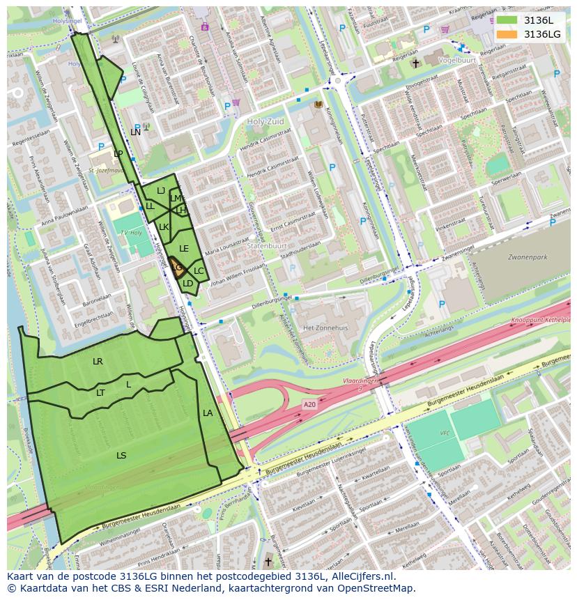 Afbeelding van het postcodegebied 3136 LG op de kaart.