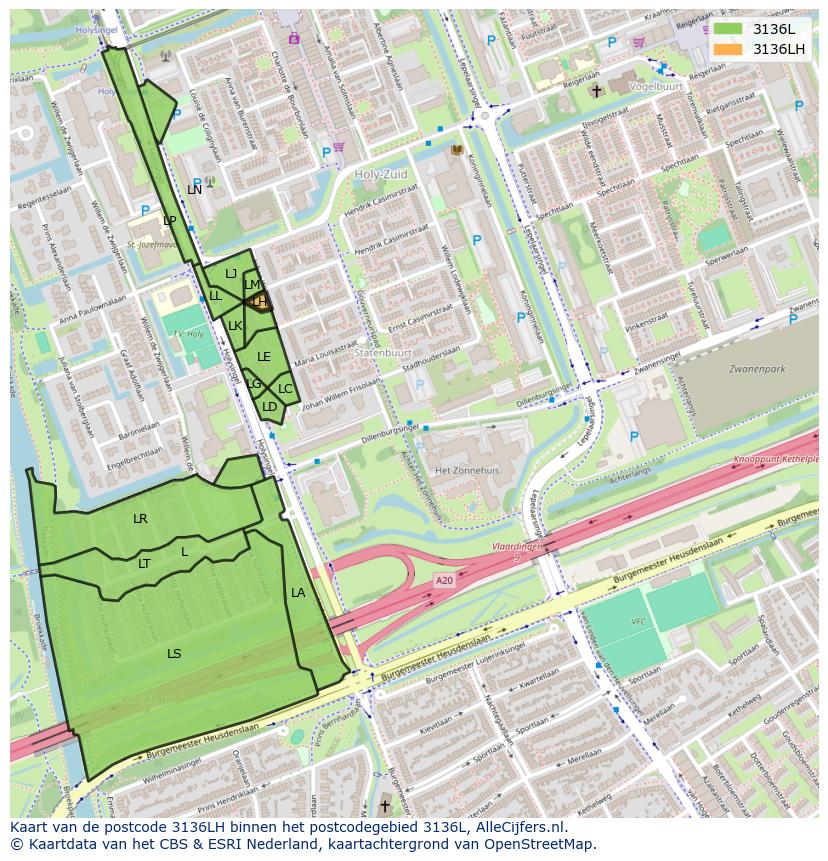 Afbeelding van het postcodegebied 3136 LH op de kaart.