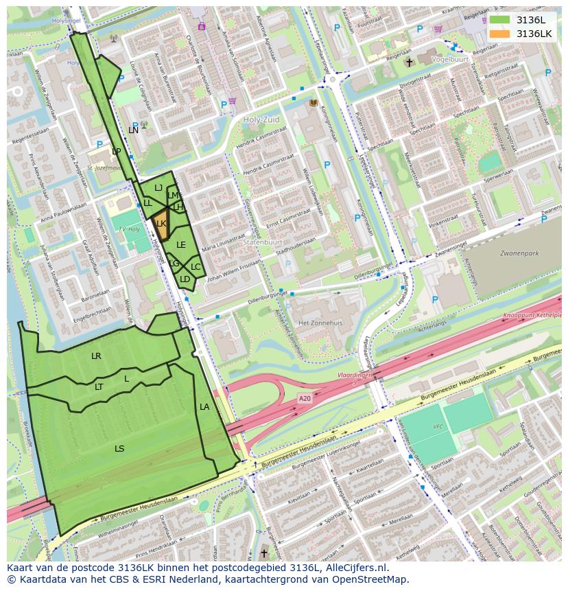 Afbeelding van het postcodegebied 3136 LK op de kaart.