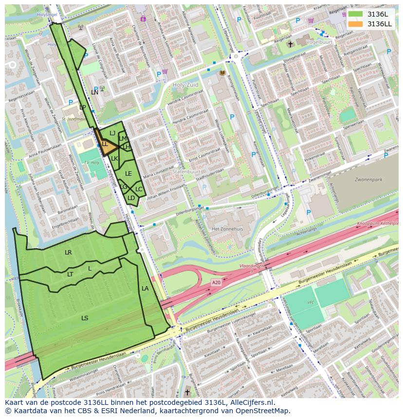 Afbeelding van het postcodegebied 3136 LL op de kaart.