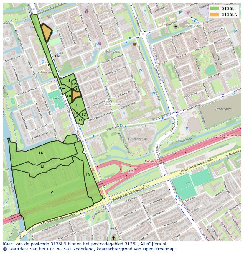 Afbeelding van het postcodegebied 3136 LN op de kaart.