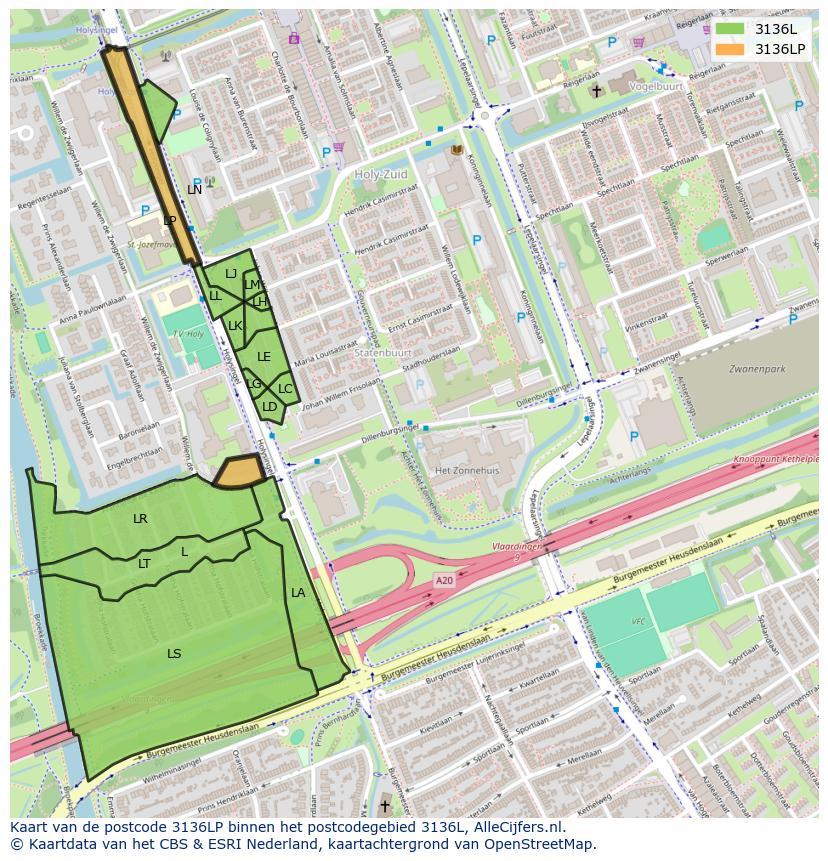 Afbeelding van het postcodegebied 3136 LP op de kaart.