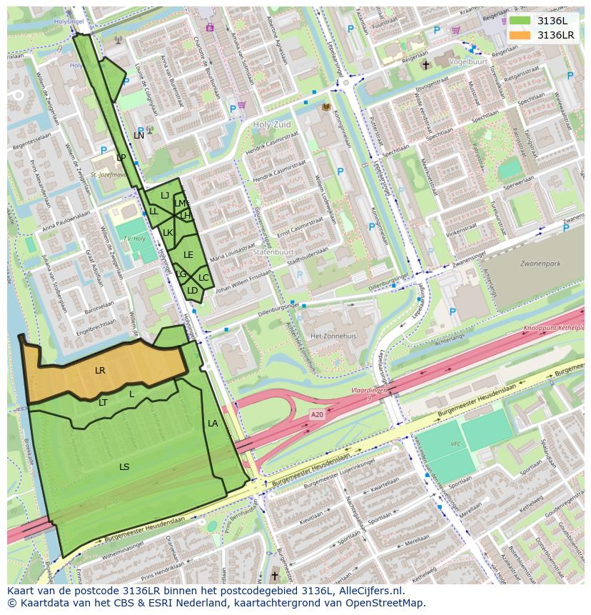 Afbeelding van het postcodegebied 3136 LR op de kaart.