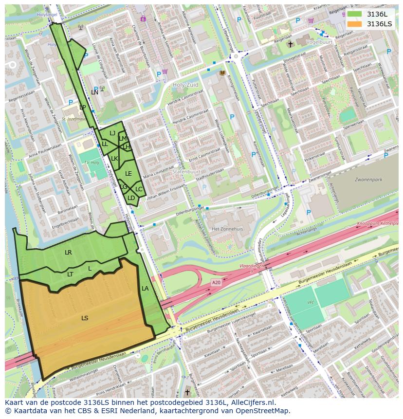 Afbeelding van het postcodegebied 3136 LS op de kaart.
