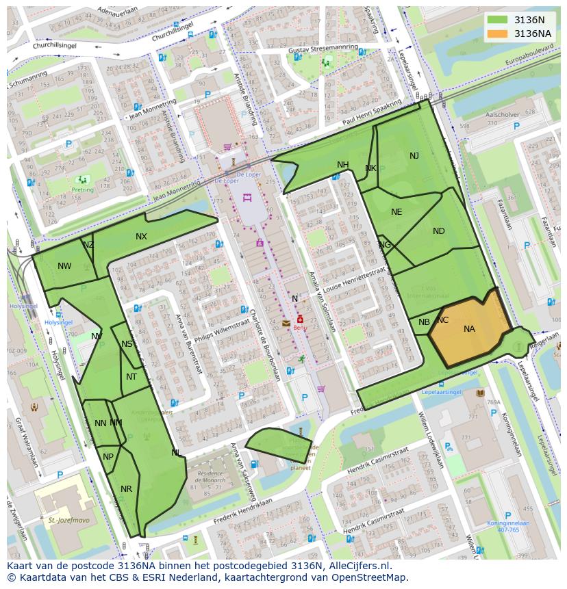 Afbeelding van het postcodegebied 3136 NA op de kaart.