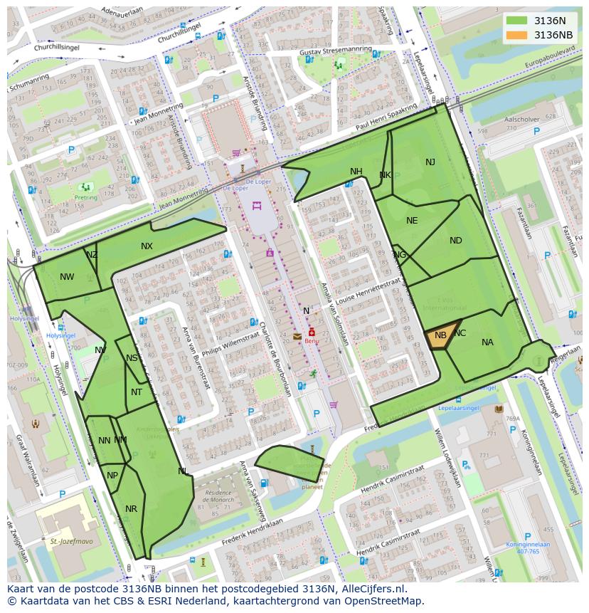 Afbeelding van het postcodegebied 3136 NB op de kaart.