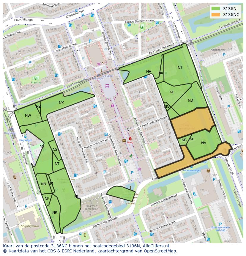 Afbeelding van het postcodegebied 3136 NC op de kaart.