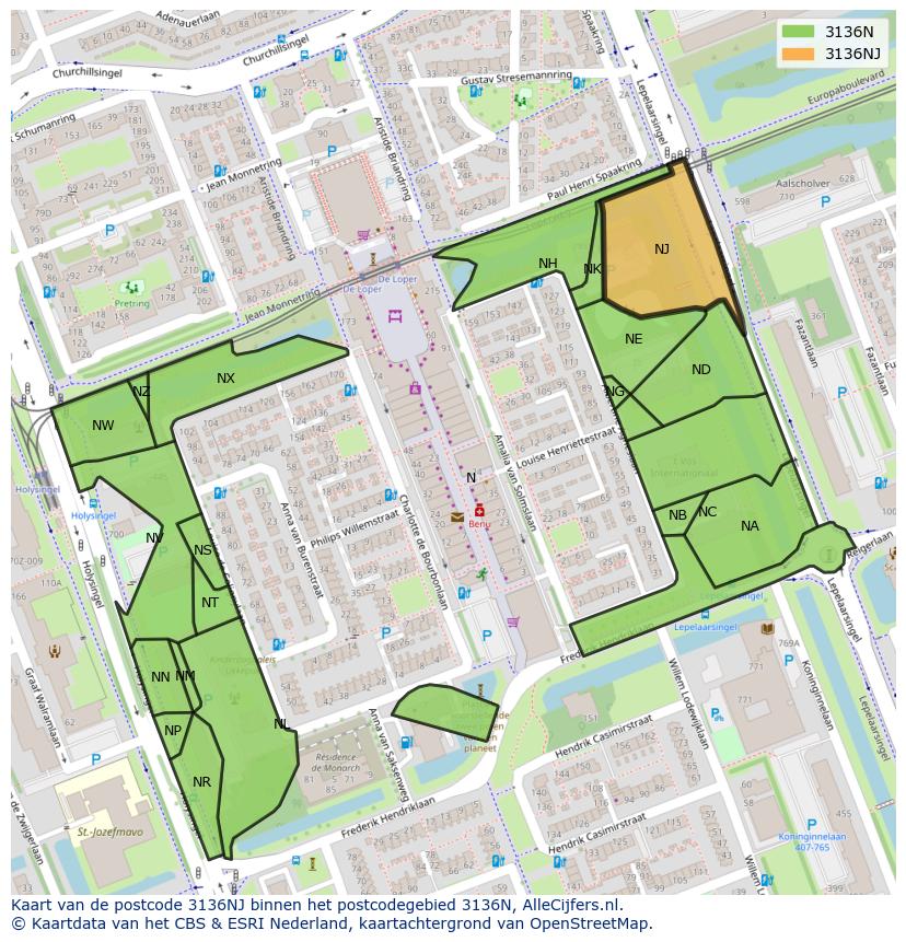 Afbeelding van het postcodegebied 3136 NJ op de kaart.