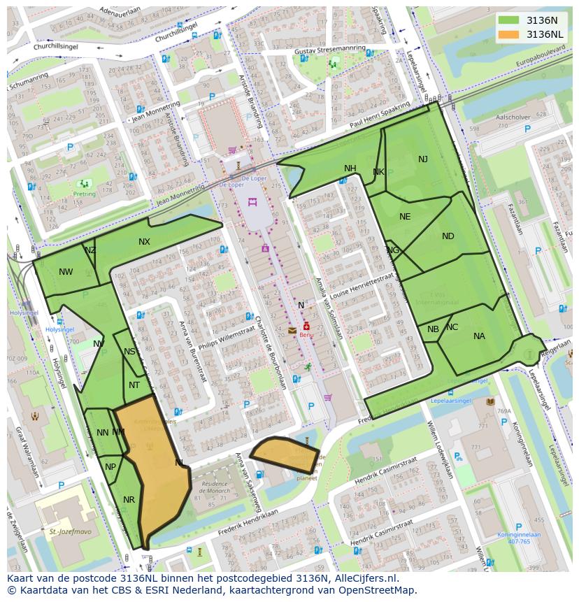 Afbeelding van het postcodegebied 3136 NL op de kaart.