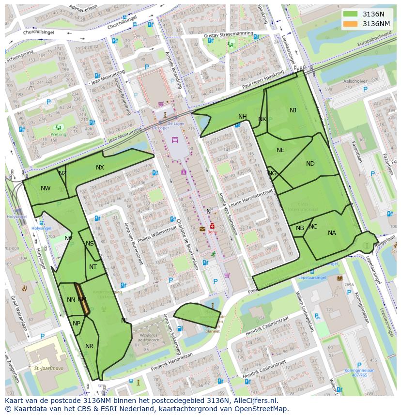 Afbeelding van het postcodegebied 3136 NM op de kaart.