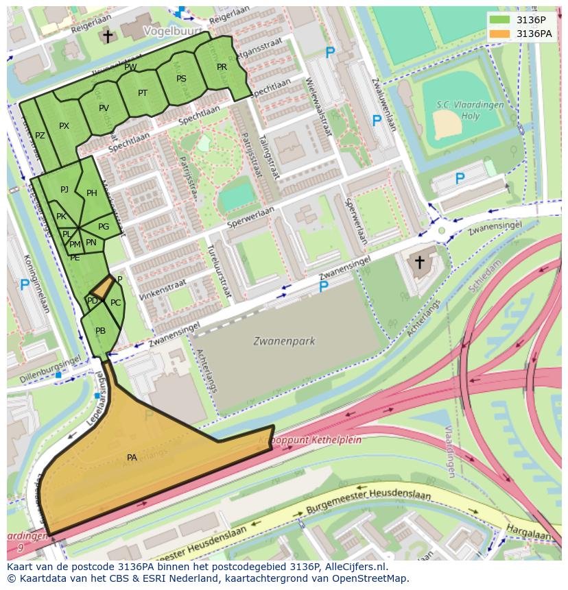 Afbeelding van het postcodegebied 3136 PA op de kaart.