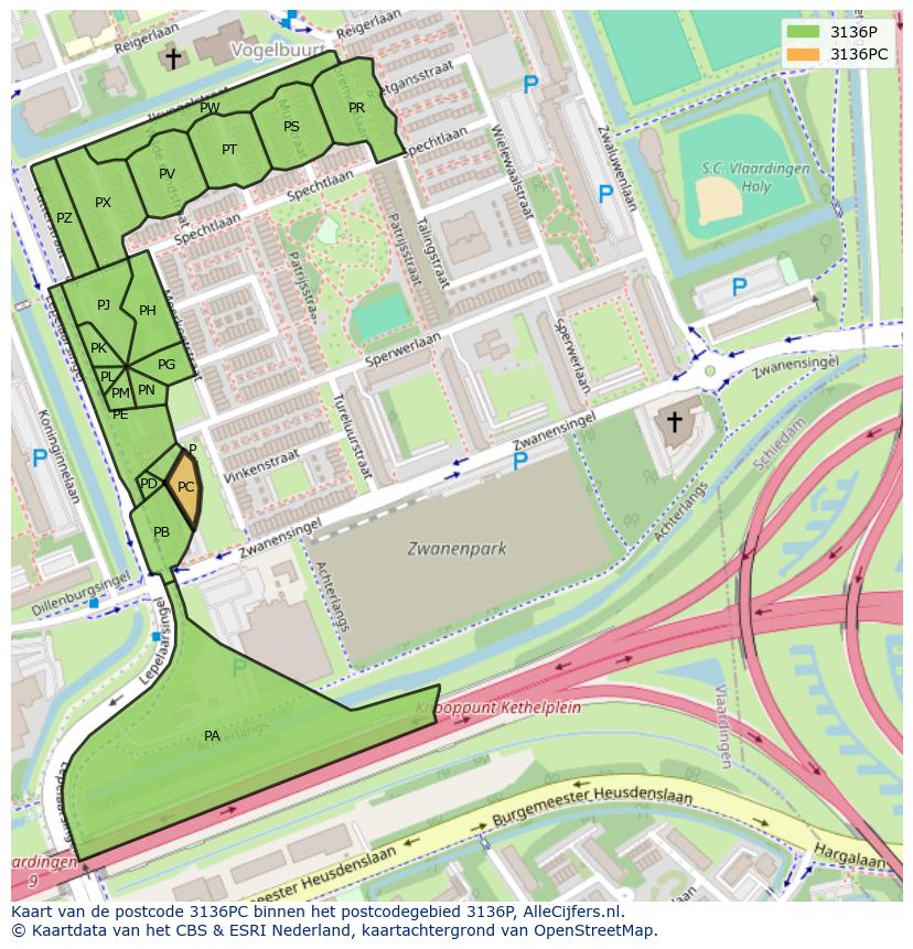 Afbeelding van het postcodegebied 3136 PC op de kaart.