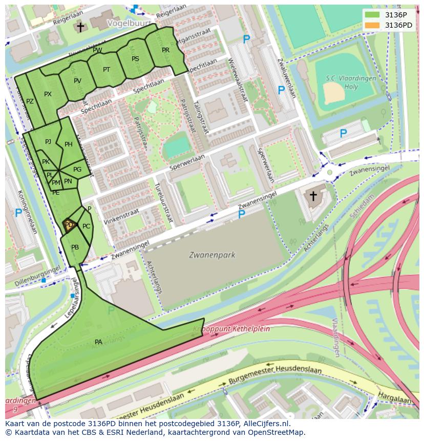 Afbeelding van het postcodegebied 3136 PD op de kaart.