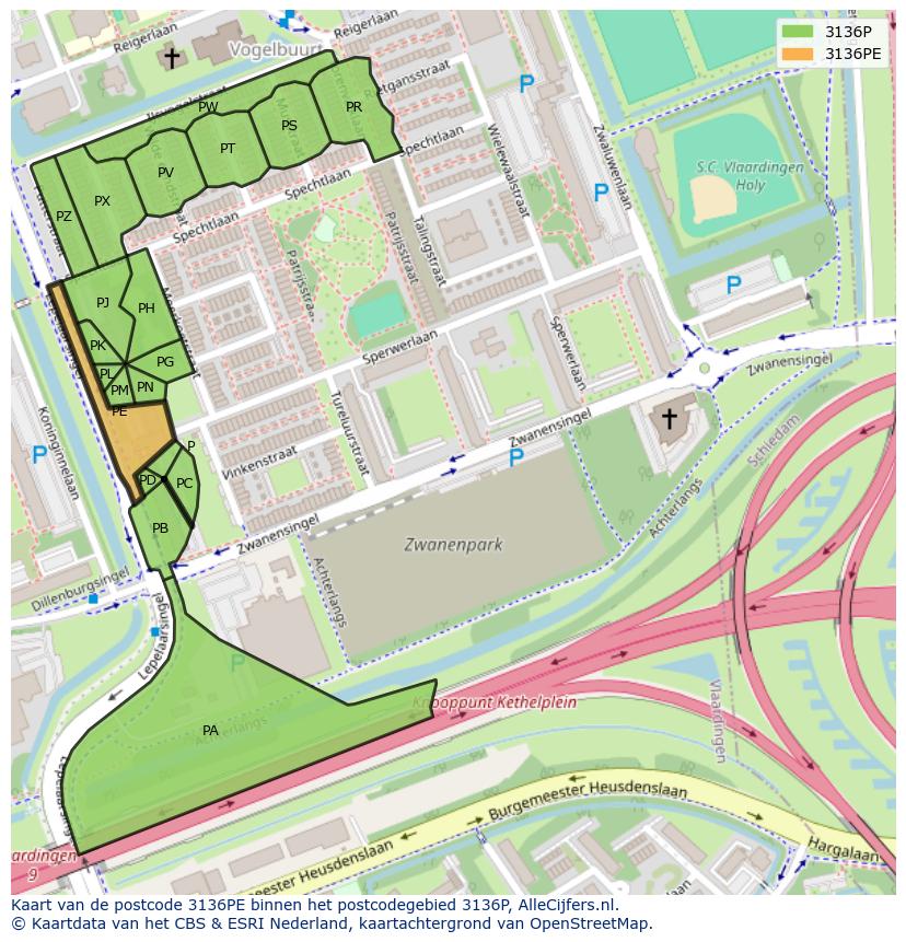 Afbeelding van het postcodegebied 3136 PE op de kaart.