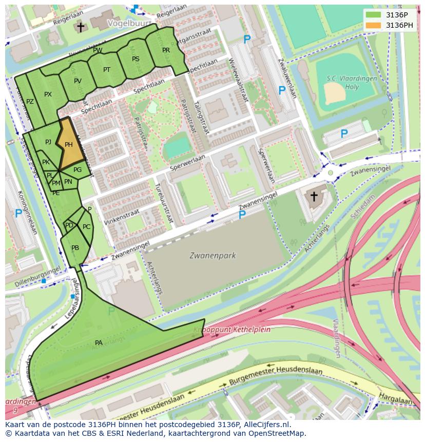 Afbeelding van het postcodegebied 3136 PH op de kaart.