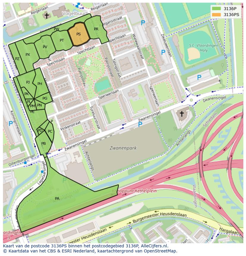 Afbeelding van het postcodegebied 3136 PS op de kaart.