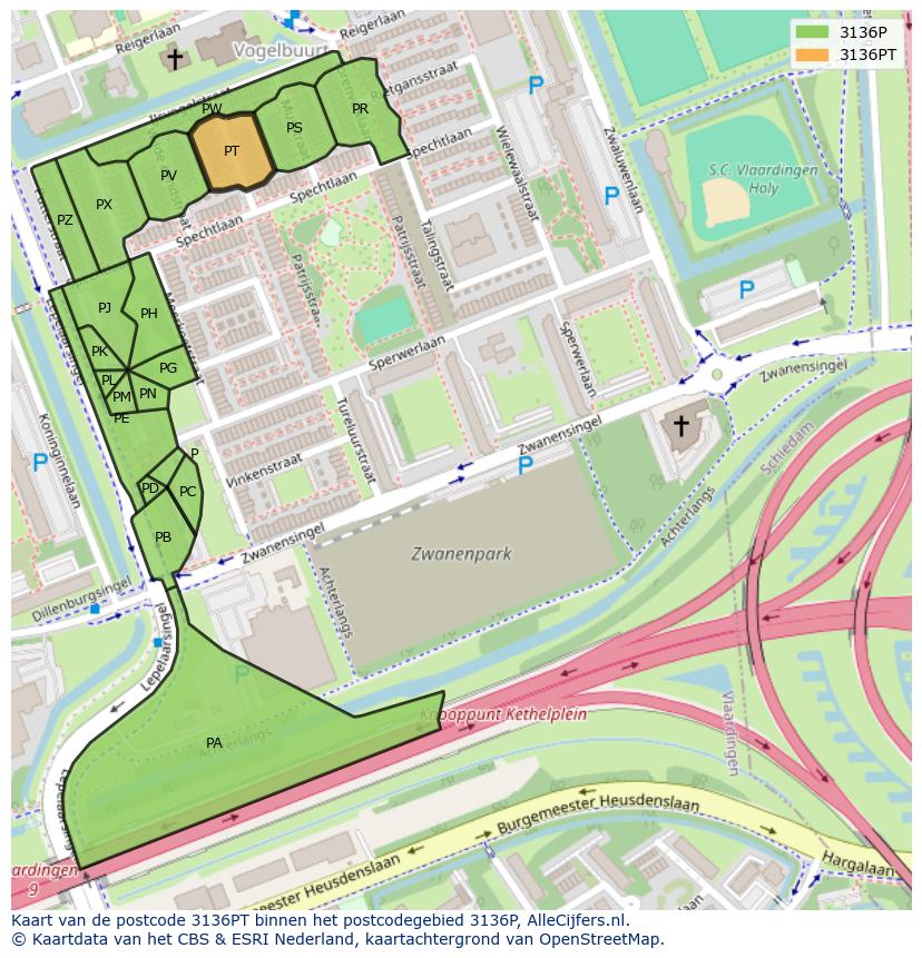 Afbeelding van het postcodegebied 3136 PT op de kaart.